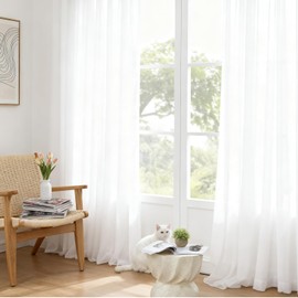 Dreaming Casa Linen Blend Curtians 102 Inches Long, 2 Panels White Light Filtering Window Treatment for Living Room Bedroom, Rod Pocket & Back Tab Semi Sheer Drapes Each 52" W x 102" L