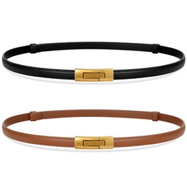 JASGOOD Thin Ladies Waist Belt for Dresses Jeans Pants, Skinny Womens Belt with Antique Gold Buckle Black+Brown Fit Waist Size Up to 46 Inches