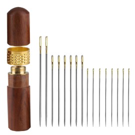 Taiyyi 1 x wooden needle box, 16 pieces, handmade knitting needles, sewing needles, needle box made of rosewood with thimble for storing handmade sewing needle accessories