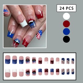 24Pcs 4th of July Press on Nails Medium Square Fake Nails American Flag Star Red Lips French Tips Design False Nails Glue on Nails Patriotic Full Cover Stick on Nails for Independence Day Manicure
