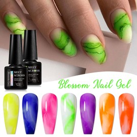 MEET ACROSS Nail Blooming Gel, 7 Neon Colors Gel Polish Set with Clear Blossom Gel Polish for Spreading Effect Marble Natural Stone Watercolor Floral Print Soak Off UV Gel for Nail Art DIY