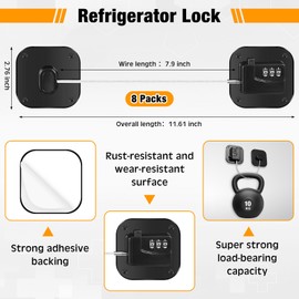 Yaocom 8 Pack Fridge Lock Heavy Duty Locks for Fridge Freezer Lock for Child Safety Cabinet Coded Adhesive Combination Refrigerator for Drawers Cabinet Window Easy Install No Drilling Black(Black)