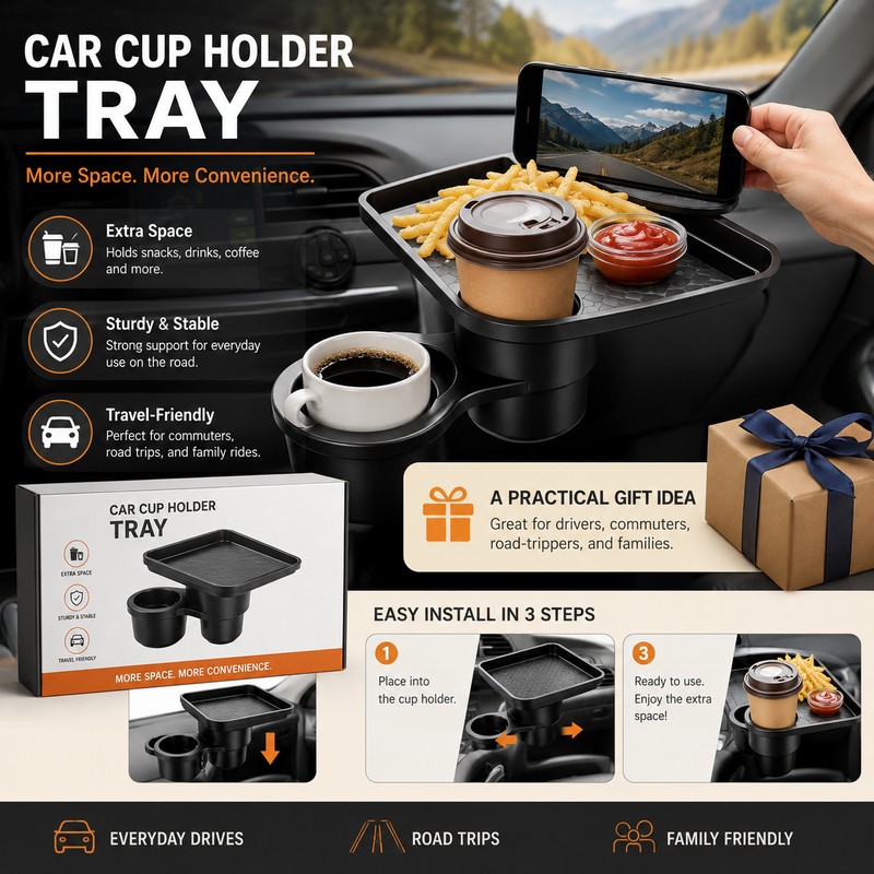 Car Cup Holder Tray for Road Trips – Adjustable Double