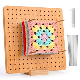 Larkumio Crochet Blocking Board and Pins, 7.9 Inch Granny Square Blocking Board for Crochet with 10 Steel Rod & 5 Knitting Needles, Wooden Peg Boards Blocking Mats for Knitting