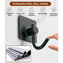EDMILE Sticky Hooks for Hanging, 6-Pack Adhesive Wall Hooks No Drilling Stainless Steel Towel Hook for Walls No Damage, Self Adhesive Hook for Bathroom Kitchen Office, Black