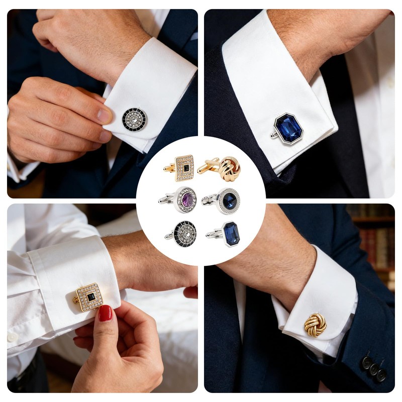 6Pairs Cufflinks Cuff Links for Men,Diamond Crystal Cufflinks,Fashion Classic Tone