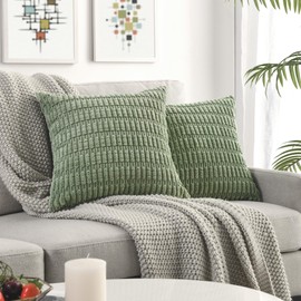 Volcanics Pack of 2 Sage Green Decorative Throw Pillow Covers 20x20 Inch, Soft Corduroy Striped Square Cushion Cases, Modern Farmhouse Boho Home Decor for Spring Couch Bed Sofa Living Room