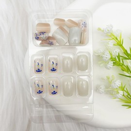 Press on Nails Short Square Fake Nails with Blue Flower Designs White Acrylic Nails Cute Nails Press ons Glossy Glue on Nails Spring False Nails Full Cover Stick on Nails for Women 24 Pcs