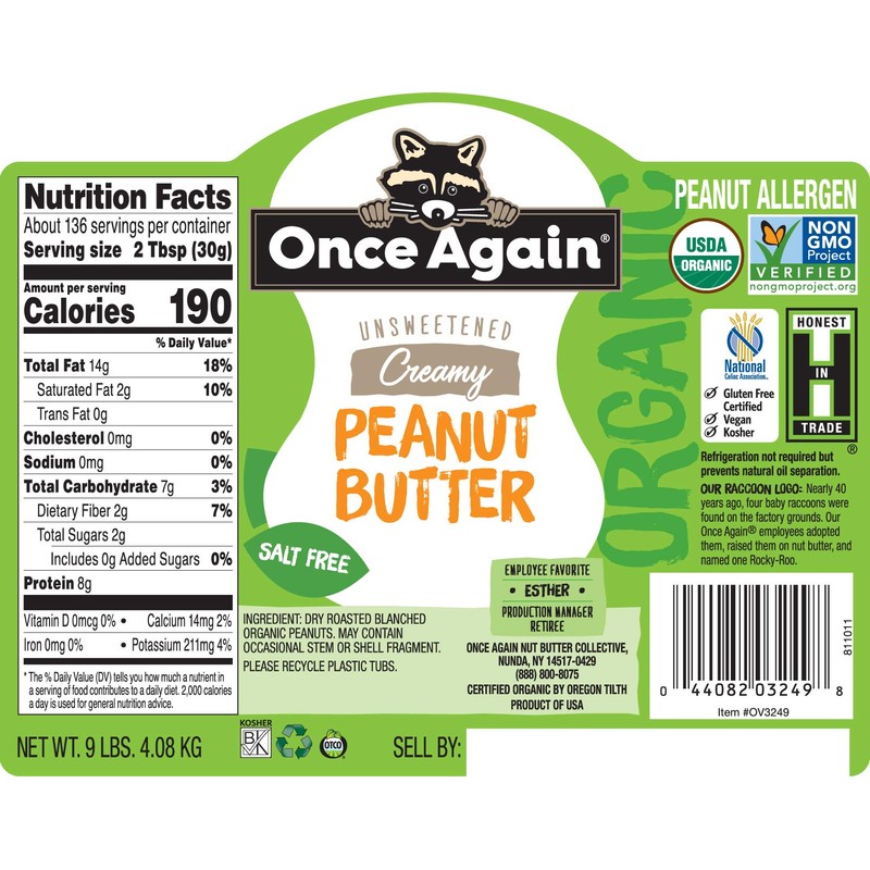 Once Again Organic, Creamy Peanut Butter - Salt Free, Unsweetened