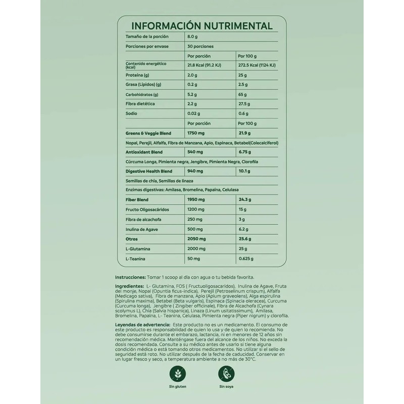 Greens Support Prebióticos Y Enzimas Digestivas 30 Ingredi Sabor Na