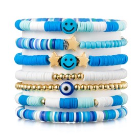 YALASOBA Preppy Bracelets Set Colorful White Gold Smile Heart Star Evil Eye Beaded Polymer Clay Pearl Stackable Charm Y2K Kidcore Summer Beach Bohemian Layering Bracelets Jewelry for Women Girls Teens (Blue)