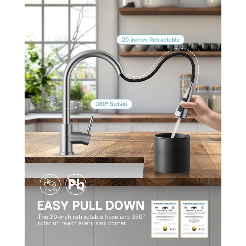 WEWE Kitchen Faucets with Pull Down Sprayer, Leak-Proof Stainless Steel