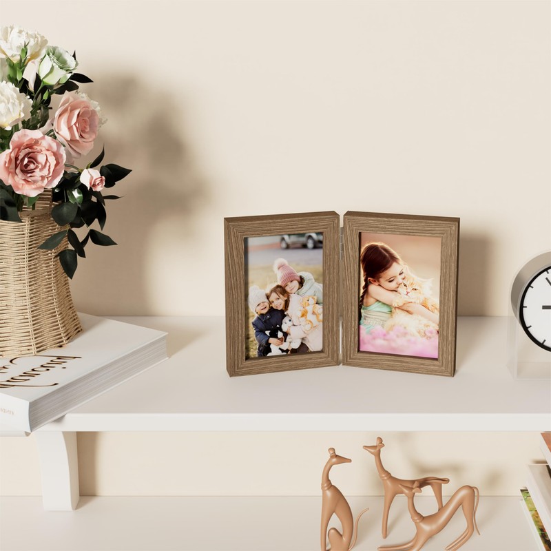 decorUhome Double 4x6 Picture Frame Vertical, Engineered Wood Bifold Photo