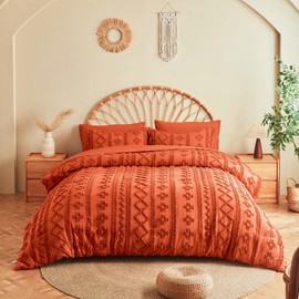 MR&HM King Size Comforter Set Terracotta, 7 Pieces Tufted Boho Beddding Sets, Farmhouse Style Bed in a Bag with 1 Comforter, 2 Pillow Shams, 2 Pillowcases, 1 Flat Sheet, 1 Fitted Sheet