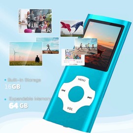 Hotechs Slim Design MP3 Player MP3 Player with 32GB Memory Card Digital LCD Display 1.8 Inch Display FM Radio (Blue)