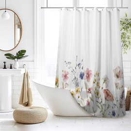 Ttincceer Floral Shower Curtain, Garden Flower Wildflowers Bathroom Curtain, Spring Blossom Watercolor Botanical Herb Natural Shower Curtain Set with 12 Hooks for Bathroom 72Wx72L inch