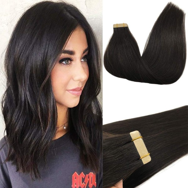 GOO GOO Tape in Hair Extensions Natural Black Real Remy Hair Extensions Seamless Straight Human Hair Extensions 20pcs 50g 14inch, Natural black #1b