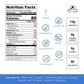 Mt Capra Mt. Capra Caprotein | Casein Protein Concentrate, Fermented Goat Milk Protein from Grass-Fed Pastured Goats, Extremely Easy to Digest | Vanilla Bean | 23 Servings - 16 oz