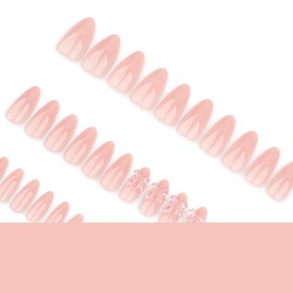 Nude Pink Press on Nails Bow Fake Nails with 3D Design Glossy Glue on Nails Reusable Artificial Acrylic Full Cover Stick on Nails Short Almond False Nails for Women Girls Manicure 24Pcs