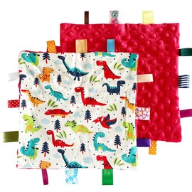 1 PC Red Dinosaur Baby Tag Blanket, Cute Label Blanket, Small Tags Security Blanket for Kids Toddlers Gift(9.84x9.84)