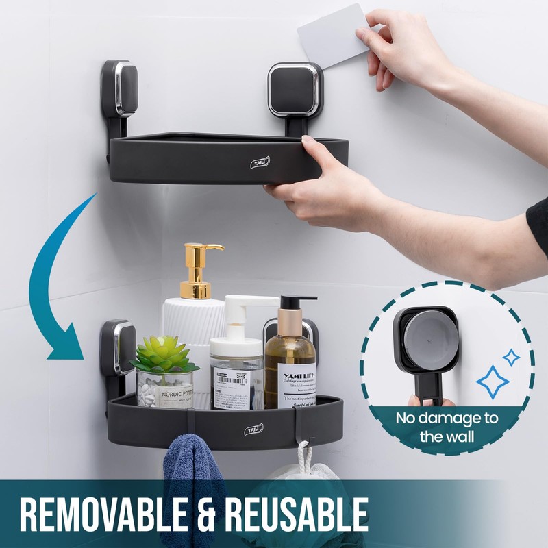 TAILI Corner Shower Caddy with Suction Cup with Hooks, Aluminum