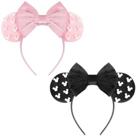 DRESHOW Mouse Ears Headbands for Women Girls Pearl Hairbands Bow Head bands