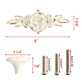 JUXYES Pack of 5 Euro Rose Decorative Cabinet Knobs with Plate, Floral Ivory Drawer Knob Cupboard Door Knobs, Ivory White Drawer Pulls Cabinet Handle Knobs for Dresser Cabinet (S, Ivory with Golden)