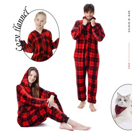 Seaforie Matching Pajamas for Couples,2024 One-Piece Red Plaid Flannel Women's Pjs,Onesies Fleece Pijamas for Adult (Women Medium)