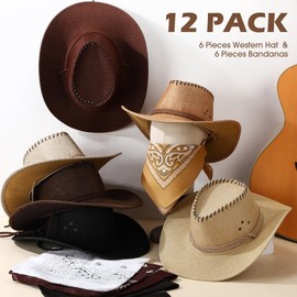 Zhanmai 12 Pieces Cowboy Hats and Bandanas Bulk Western Cowboy Cowgirl Hats Costume Party Favors(Brown Series1)