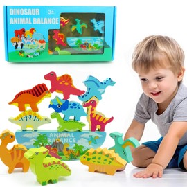 Peeokuo 11Pcs Wooden Stacking Dinosaur Toys, Dinosaur Balance Toys for Kids 3 4 5 6 7 Years Old, Dinosaur Building Blocks Set, Preschool Montessori Toys for Boys and Girls, Birthday Gift Ideas
