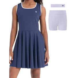PATPAT Girls Tennis Dress Set, Athletic Dress with Headband & Bamboo Viscose Shorts with Pocket, Outfit for Golf Dance School, Motion Navy, US8/S