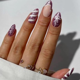 24Pcs Christmas Press on Nails Short Almond With Christmas Hat Design Purple Glitter French Tip Acrylic Winter Glue on Full Cover False Nails for Women Manicure