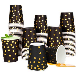 WZHHDM Black Gold Polka Dot Paper Cups, 60 Pcs Paper Cups Party, 9 Ounces Party Cups Can Be Reused Picnic Cups for Party DIY Holiday Barbecues and Wedding Birthday