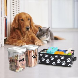 Brabtod Dog Treat Container for Countertop,Dog Cat Treat Organizer with 2 Jars,Cat Treat Container,Pet Food Storage For Puppy Kitten-Fabric Dog Treat Station Pet Food Box Set With Handle- Paw Print