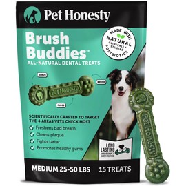 Pet Honesty Brush Buddies Dog Dental Chews – Long Lasting Dental Sticks for Fresh Breath, Plaque & Tartar Control, Teeth & Gum Support, Natural Oral Care Treats for Medium Dogs, 15 Count