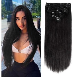 Unipearl Straight Clip-In Real Hair Extensions, 45 cm / 18 Inches, 8 Pieces, 120 g, Natural Black Hair Extensions for Women, Straight Remy Hair Extensions, Clip-In