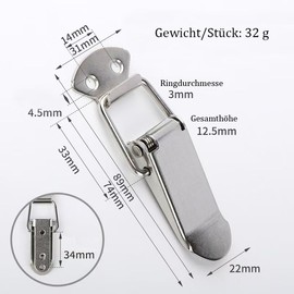 Stainless Steel Tension Latch, with Screws, Box Closure, Snap Closure, Suitable for Doors, Windows, Drawers, Cabinets and Box Lids, Snap Lock (Silver, 4 Pieces - 74 mm)