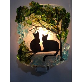 Kitty Cat Twins Black Silhouette Tree Recycled Glass Artisan Night Light Nightlight Unique Eco Gift