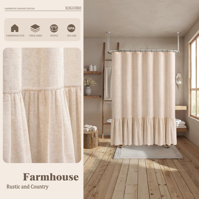 XOGUIBO Farmhouse Shower Curtain with Ruffle Hem Linen Beige Shower