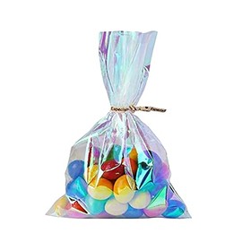 JIHUOO Pack of 100 80 x 130 mm Iridescent Holographic Cellophane Bags Cellophane Bags Pastry Bags with Twist Ties