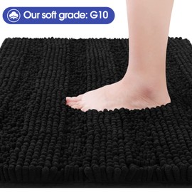 ACCUMTEK Striped Black Bathroom Rug Mat Set 2 Piece 32"x20"+60"x20" Ultra Soft, Non Slip Chenille Bath Rugs, Absorbent Plush Shaggy Bath Mats for Bathroom, Bedroom, Kitchen, Shower, Tub