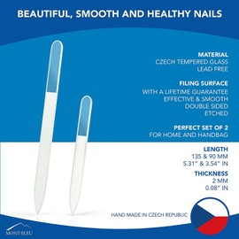 Mont Bleu Juego De 2 Limas De Uñas De Cristal Checo – Cristal Templado Checo Auténtico – Hecho A Mano – Doble Cara – Grabado – Para Uñas Naturales