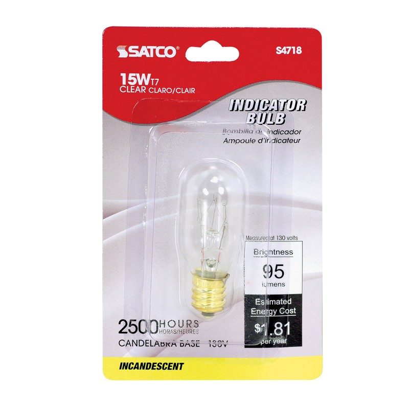 Satco S4718 130V Candelabra Base 15-Watt T7 Light Bulb, Clear