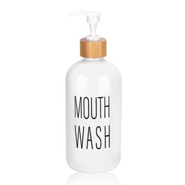 Pump Mouthwash Dispenser, Glass Mouthwash Container for Bathroom Countertop, Mouth Wash Bottle Decanter, White, Printed font
