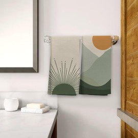 OHSUL Boho Kitchen Towels, Boho Kitchen Bathroom Decor, Green Boho Decorative Hand Towels, Boho Bohemian Green Sun Mountain Dish Tea Hand Towels for Kitchen Bathroom Decorative 16x24 Inch, Set of 2