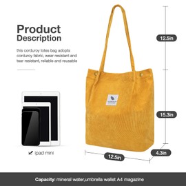 LHMTQVK Tote, Corduroy Bag Women's Shoulder Purses for Office School Shopping Travel, Yellow