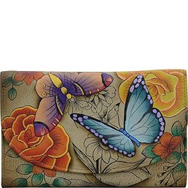 Anna by Anuschka Women's Hand Painted Leather Three Fold Checkbook Wallet, Floral Paradise Tan, One Size
