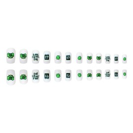 24Pcs White&Green Press on Nails Short Square Fake Nails with Design Four Leaf Clover bow Stick on Nails Matte Acrylic False Nails for Women＆Girls St. Patrick's Day Manicure（Green＆White）
