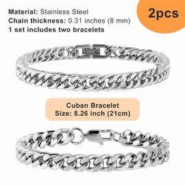 2 Pcs Cuban Link Bracelet Silver Chain Bracelet Men Sturdy Stainless Steel Bracelet Cuban Figaro Chain Bracelets Franco Wrist Chain Mens Silver Jewelry Bracelet Gifts for Men Women 7.4inch