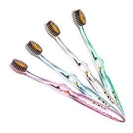 Nano-b Rainbow Pack of 4 Antibacterial Manual Toothbrushes【Gold & Bamboo Charcoal】 Crystal Design - Pro Head, Soft Medium Bristles - Sensitive Teeth Gum - Deep Clean Plaque Removal - Travel Case